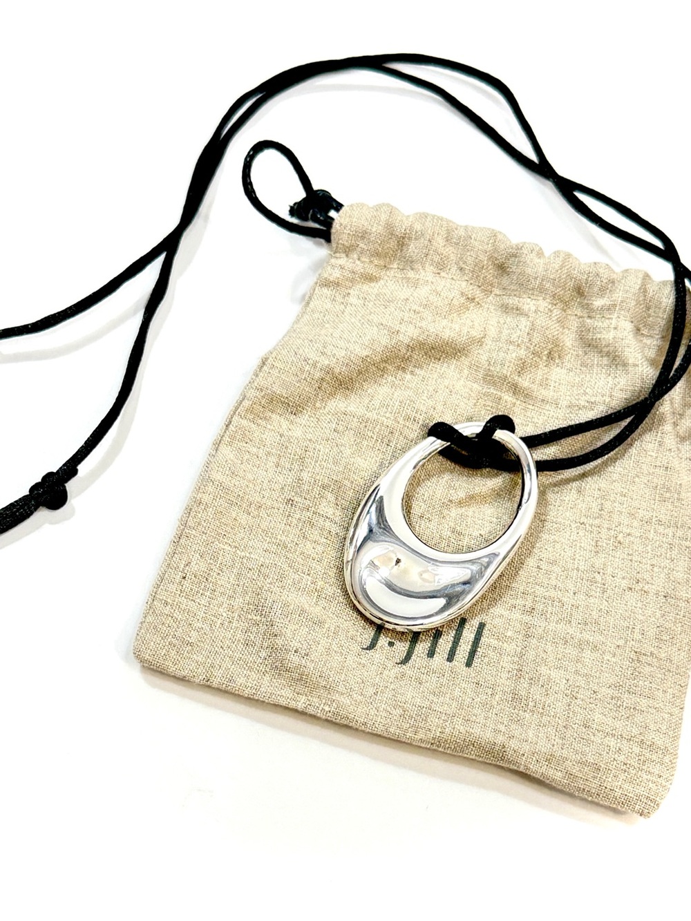 J.Jill Modern Silver Pendant Necklace on Black Satin Cord NWT